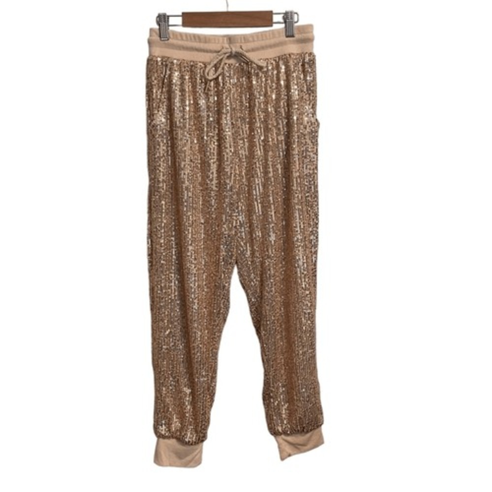 Saints & Hearts Rose Gold Sequin Jogger Pants Small Holiday Glam